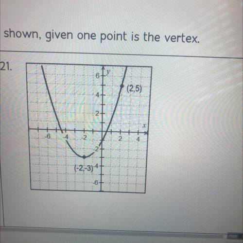 Write an equation for the parabola shown, give one point is the vertex. HELP ME
