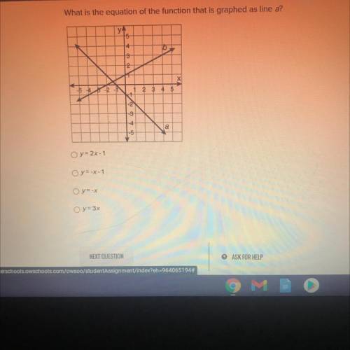 Please help

What is the equation of the function that is graphed as line a?
YA
Y=2x -1
Y= -x-