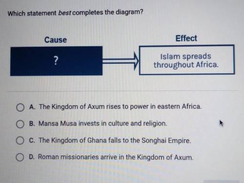 Which statement best completes the diagram? Cause Effect ?

Islam spreads throughout Africa. A. Th
