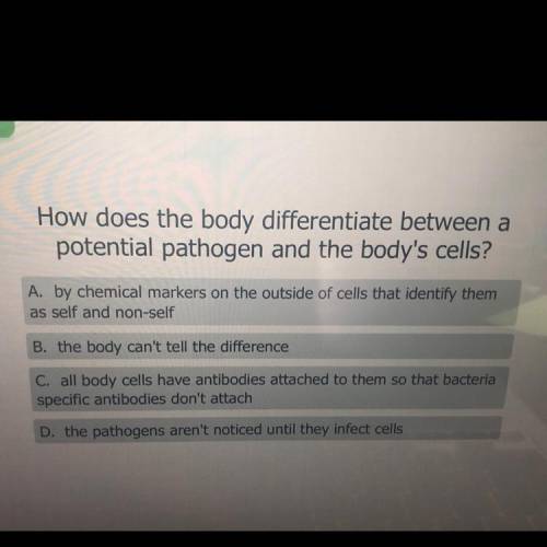 How does the body differentiate between potential pathogen and the body’s cells?