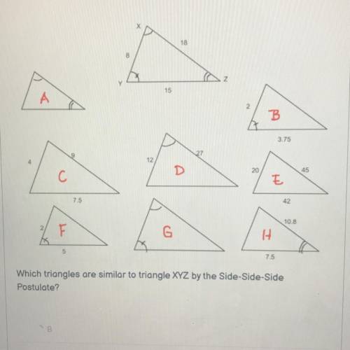 Which triangles are similar to triangle xyz by the side side prostulate