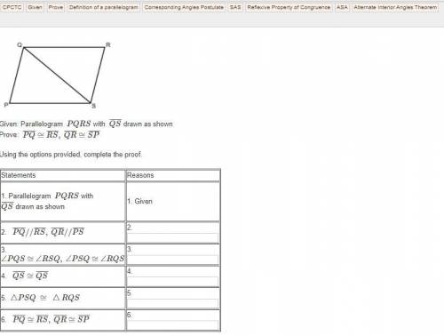 Given: Parallelogram PQRS with QS drawn as shown
Prove: PQ≅RS, QR≅SP