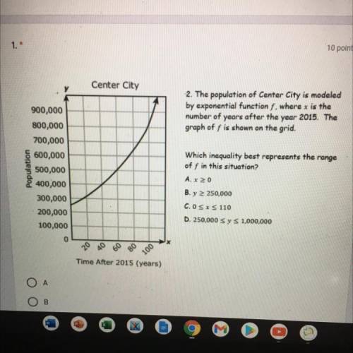 Center City

2. The population of Center City is modeled
by exponential function f, where x is the