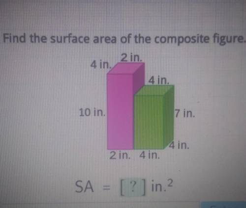 Find the surface area of the composite figure. 2 in. 4 in. 4 in. 10 in. 7 in. 4 in. 2 in. 4 in. SA