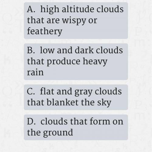 Which best of these describes cirrus clouds? PLSSS HELP IF YOU TRULY KNOW THISS:)