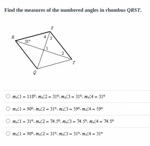 Find the measures of the numbered angles in rhombus QRST.