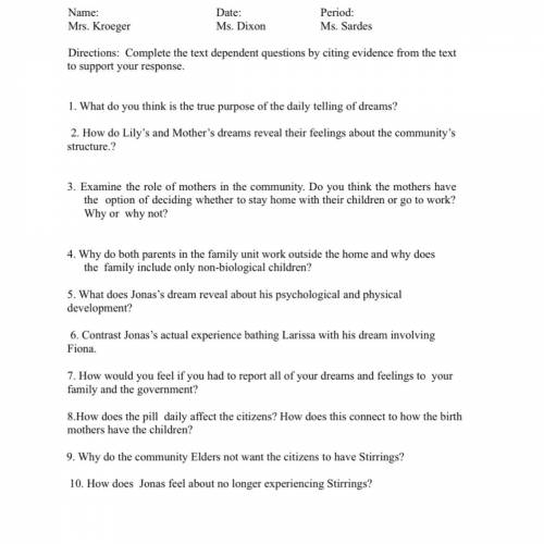 The giver chapter 5 homework questions please anyone I beg you