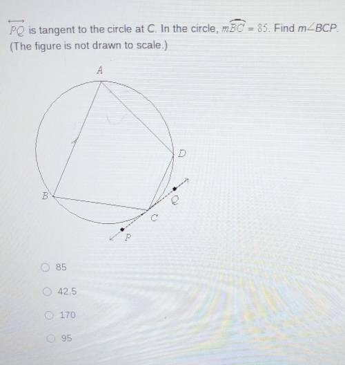 PQ is tangent to the circle at C. In the circle the measure of arc v equals 85

I need an explanat