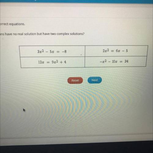 Which equations have no real solutions but have two complex solutions? 
pls help asap