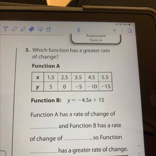 3. Which function has a greater rate

of change?
Function A
1.5
Х
2.5
4.5
3.5
5.5
у
5
0
-5 – 10 –