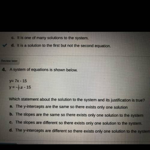 Which statement about the solution to the system and its justification is true? Please help!!