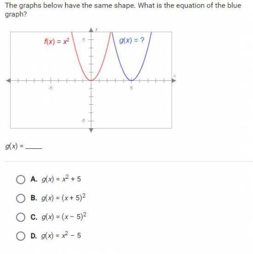 The graphs below have the same shape. What is the equation of the blue graph?

g(x) = _____￼
A.g(x