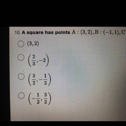 A square has points A:(3,2), B:(-1,1), C: (0,-3), and D: (4,-2). Identify the coordinates of the po