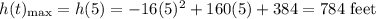 h(t)_\text{max}=h(5)=-16(5)^2+160(5)+384=784\text{ feet}
