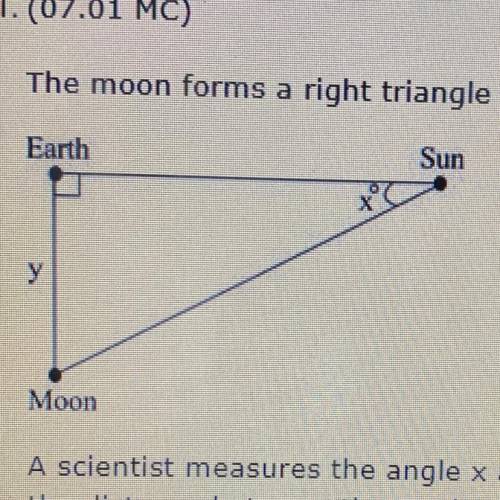 Alanges saved

1. (07.01 MC)
The moon forms a right triangle with the Earth and the Sun during one
