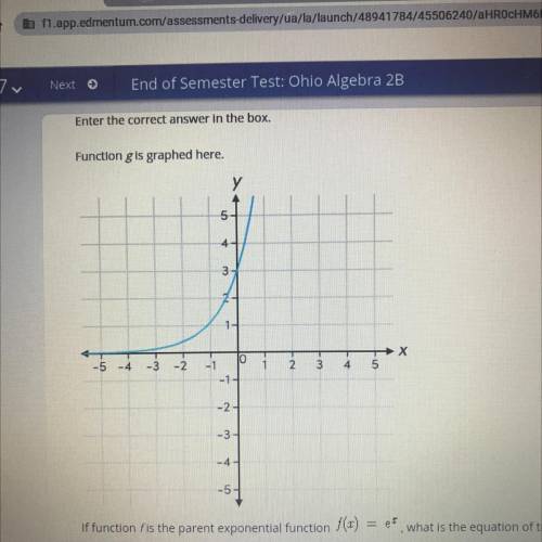 Enter the correct answer in the box.

Function g is graphed here.
If function f is the parent expo