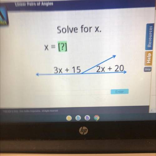 Solve for x = [?]
2x+ 20
3x + 15
2x + 20