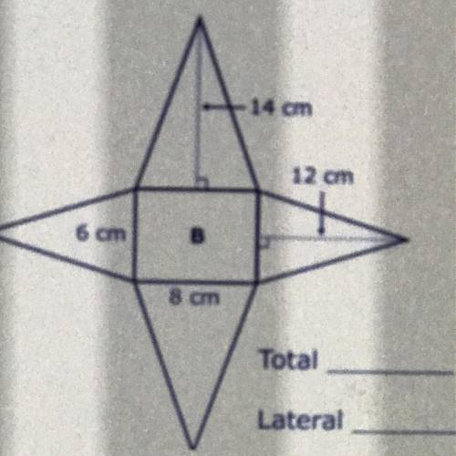 I’ll mark Brainliest
What’s the total and lateral surface area for the figure?