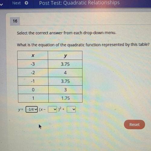 Select the correct answer from each drop-down menu.

What is the equation of the quadratic functio