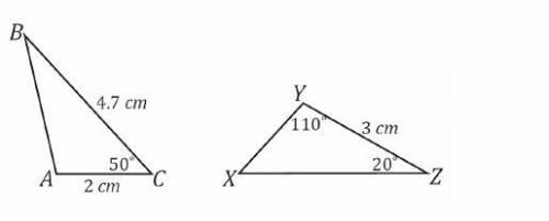 The following triangles are identical and have the correspondence ΔABC↔ΔYZX. Find the measurements