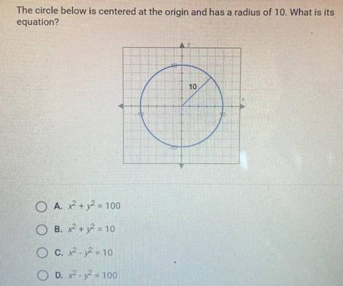 The circle below is centered at the origin and has a radius of 10. What is its

equation?
10
10
O