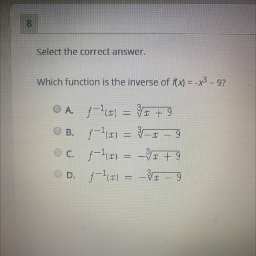 Select the correct answer.
Which function is the inverse of f(x) = -x^3 - 9?