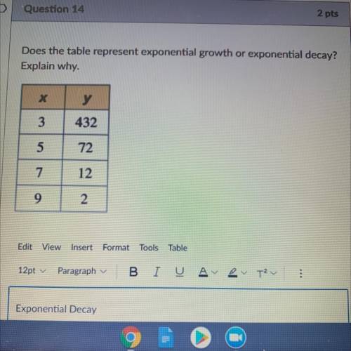 Does the table represent exponential growth or exponential decay?

Explain why.
х
у
3
432
5
72
7
1