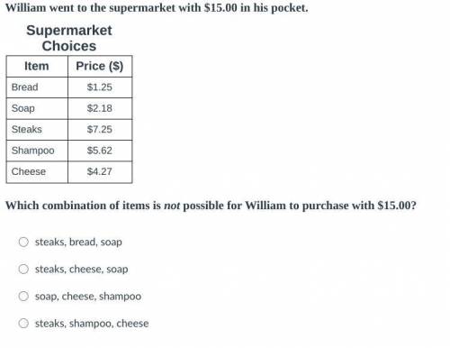 William went to the supermarket with $15.00 in his pocket.

Supermarket
Choices
Item Price ($)
Bre