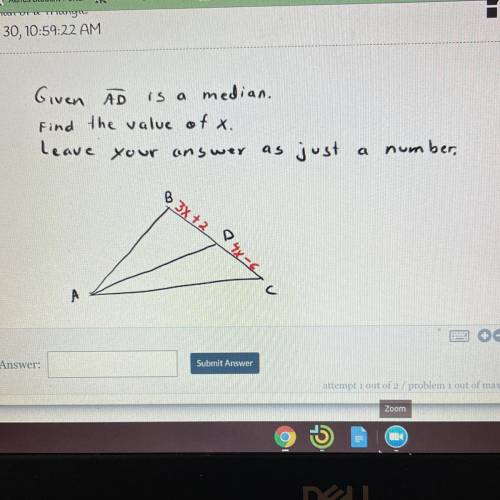 Help pleasee it says given AD is a median. find the value of x.