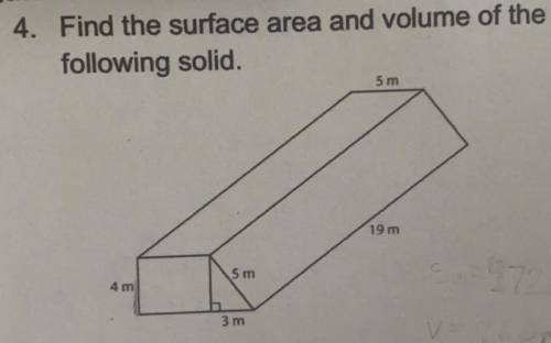 Find the surface area and volume of the following solid. (show your work please)
