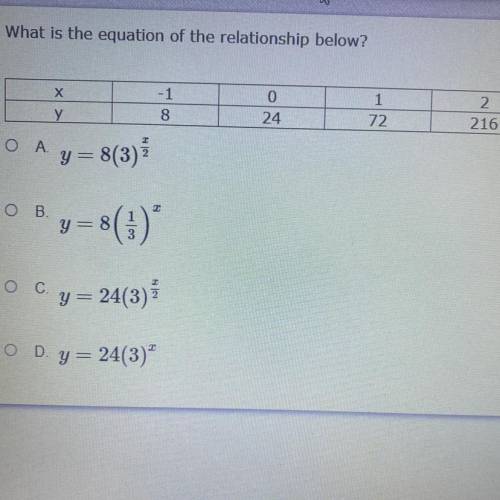 What is the equation of the relationship below?

х
-1
8
0
24
1
72
2
216
y
Ο lΑ.
A y=8(3)
О В.
y =