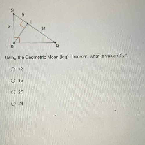 Using the Geometric Mean (leg) Theorem, what is value of x?