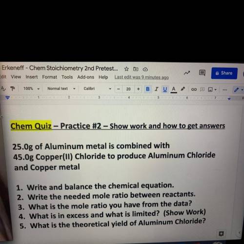 Show work and how to get answers

25.0g of Aluminum metal is combined with
45.0g Copper(11) Chlori