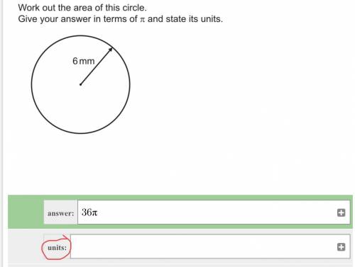 Work out the area of this circle. Give your answer in terms of pi and state its units.