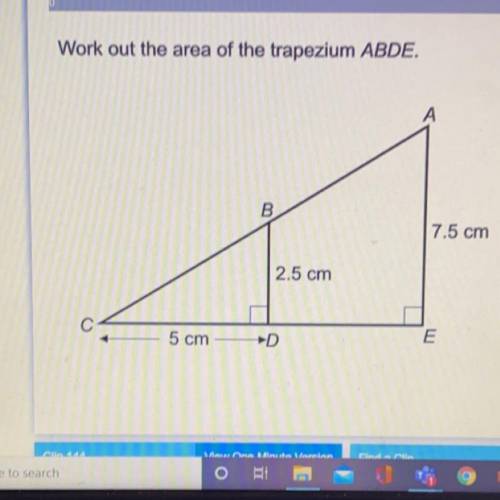 Work out the area of the trapezium ABDE.
A
В.
7.5 cm
2.5 cm
С
5 cm
E