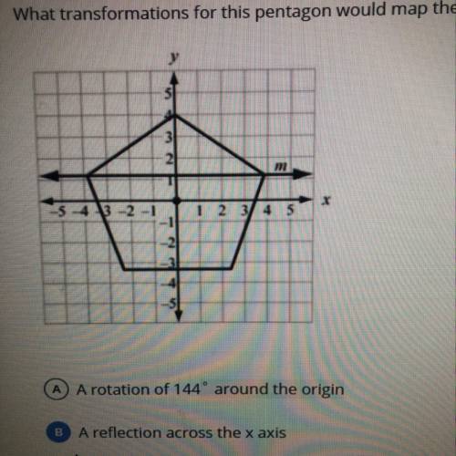 What transformations for this pentagon would map the figure onto itself?

A rotation of 144 around