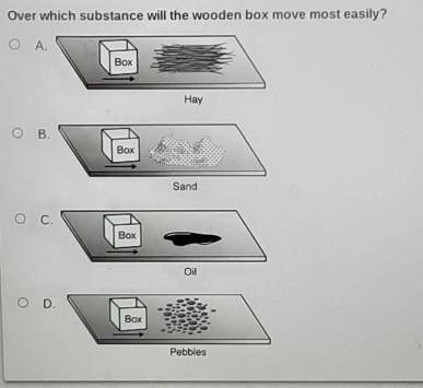 Over which substance will the wooden box move most easily? Ο Α. Box Hay O B. Box Sand C. Box Oil O