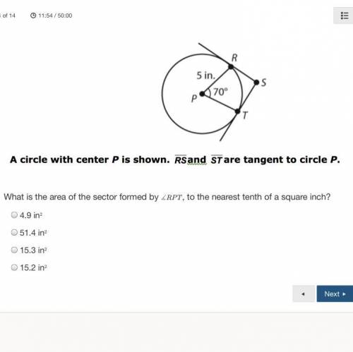 HELP PLS! with center P is shown. RSand overline ST tangent to circle P. What is the area of the se