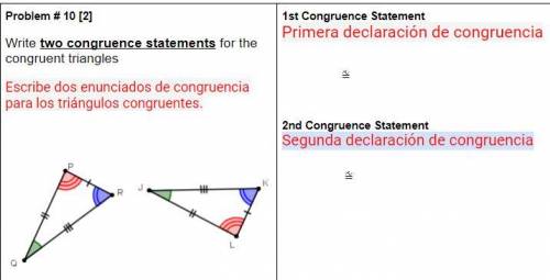 Write two congruence statements for the congruent triangles
number 1 and 2