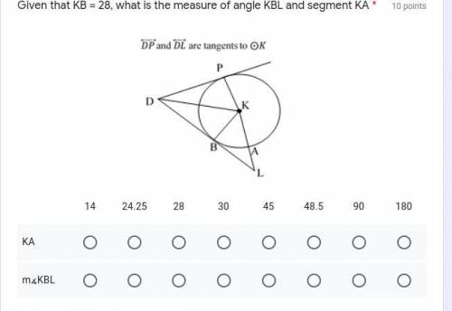 Given that KB = 28, what is the measure of angle KBL and segment KA