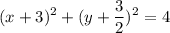 \displaystyle(x+3)^2+(y+\frac{3}{2})^2=4