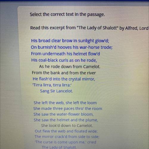 Read this excerpt from The Lady of Shalott by Alfred, Lord Tennyson. Which group of lines points