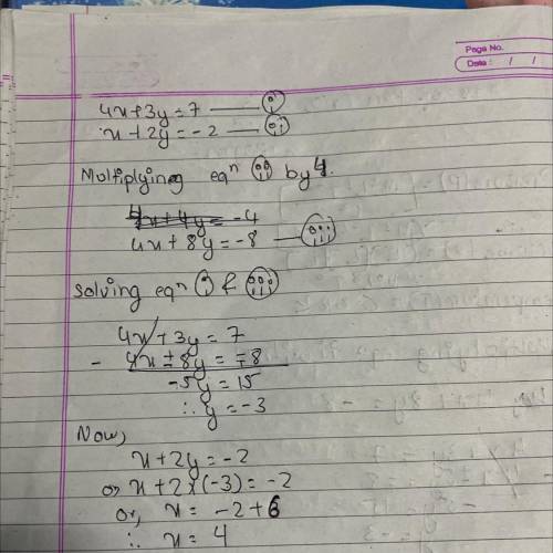 What is the y value in solution the following system?
4x+3y=7
X+2y=-2
(Worth 10 points)
