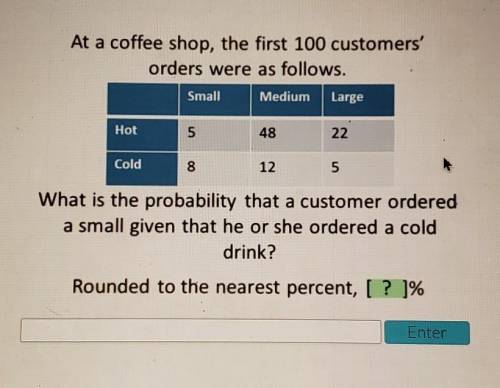 At a coffee shop, the first 100 customers' orders were as follows. Small Medium Large Hot un 48 22