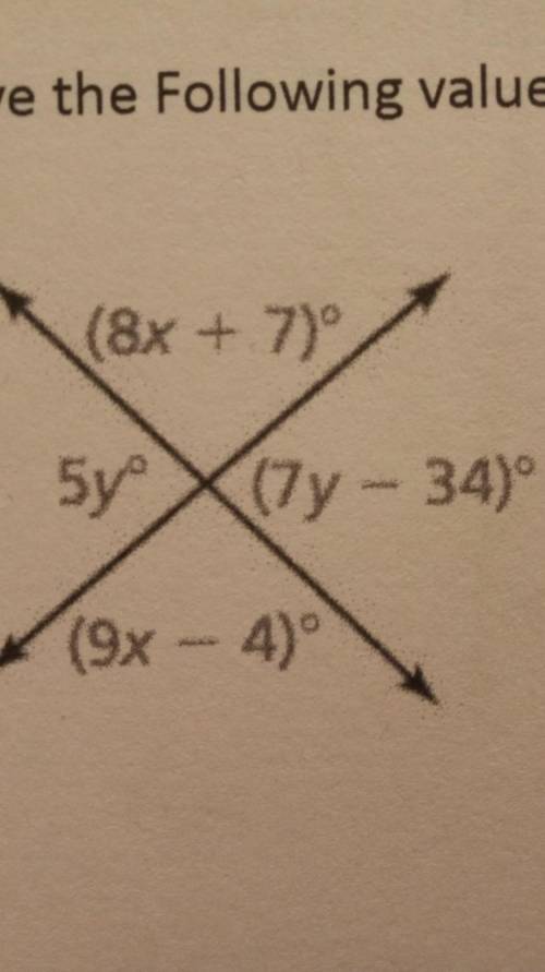 Solve the following values for x and y 1) (8x + 7) 5y (7y - 34) (9x - 4)​