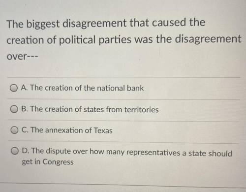 The biggest disagreement that caused the

creation of political parties was the disagreement
over-