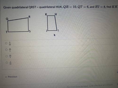 Given quadrilateral QRST - quadrilateral HIJK, QR = 10, QT = 6, and HI = 8, find KH.