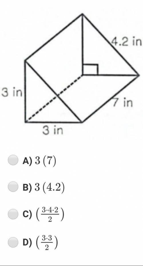 De'Andre is determining the volume of the triangular prism below. Which expression will give him th
