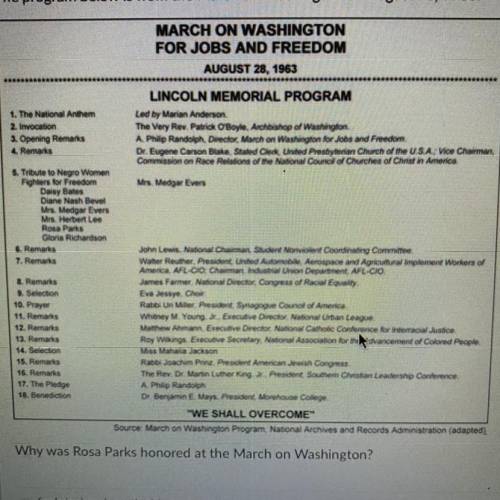 Why was Rosa Parks honored at the March on Washington?

for bringing about the Montgomery bus boyc
