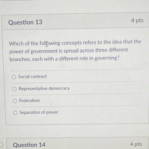 Which of the following concepts refers to the idea that the power of government is spread across th